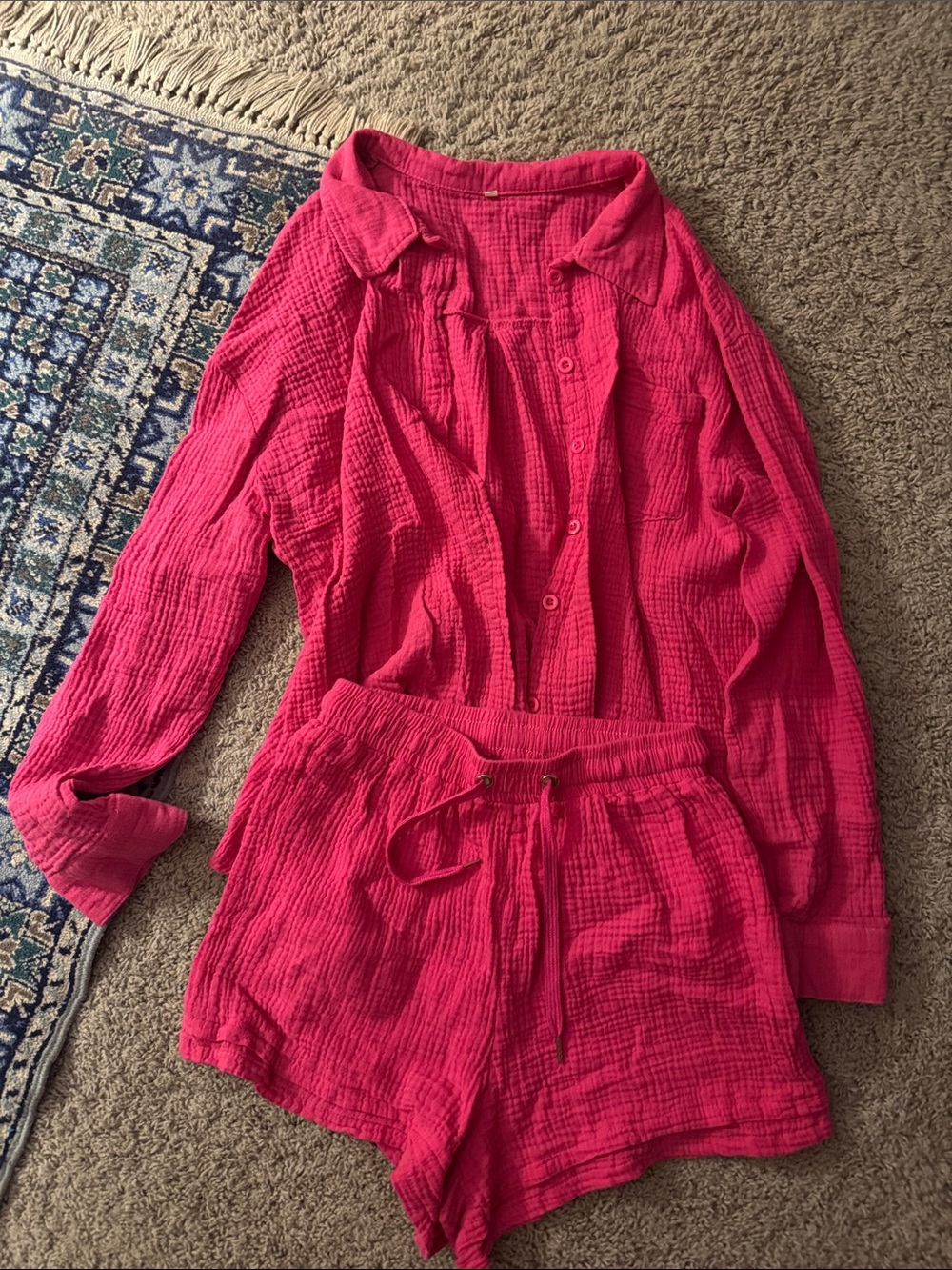 Hot Pink Button-Up Shirt and Drawstring Shorts Set